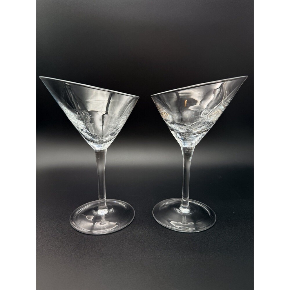 PIER 1 Angled Rim Crackle Martini Glasses 7.25" Cocktail Hand-Blown Clear Set 2